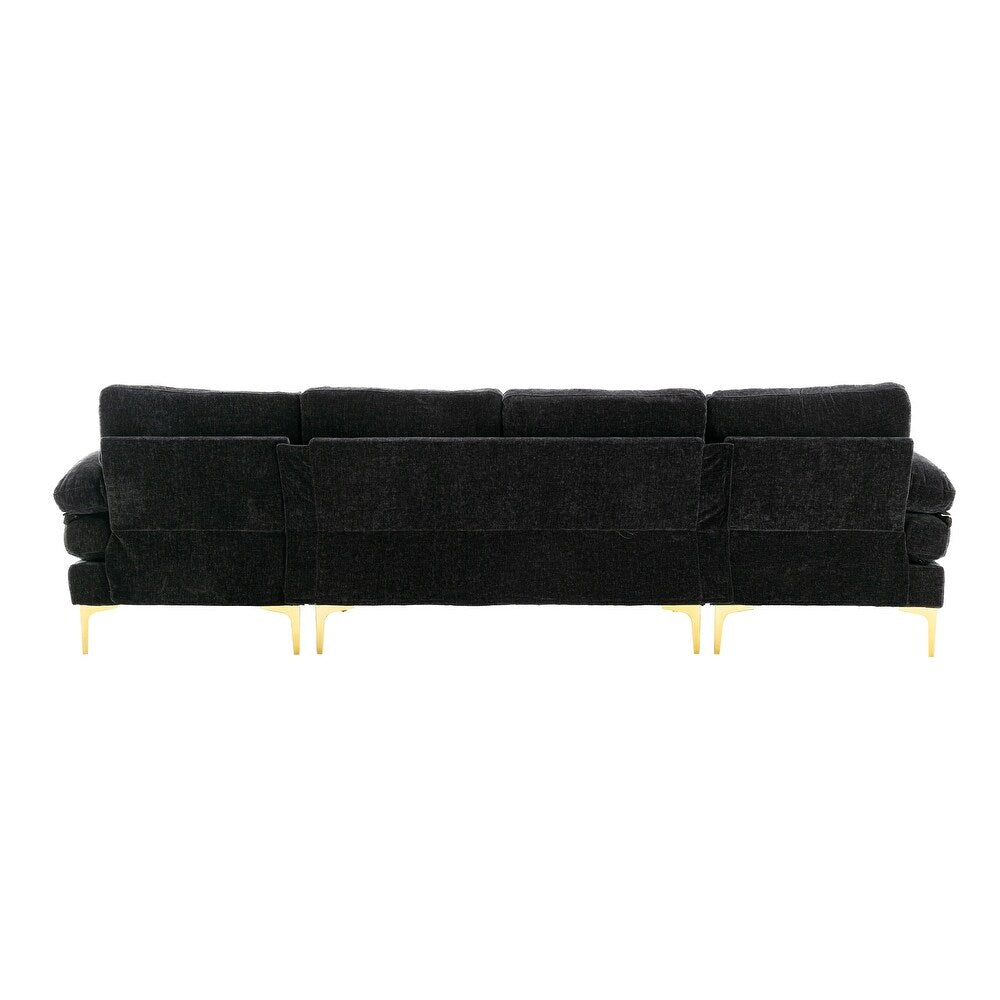U-Shape Sofa Upholstery Velvet Sectional Lounge Couch Extra Wide Chaise  Arms Sofa Design For Living Room and Office -Off White- Black
