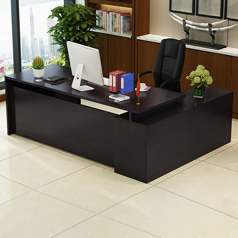 Director & Executive L-Shape Office Table Modern Luxury Desk Made in Particle Board with Side Unit Drawer, Storage, Wire Manager & CPU Storage - Brown