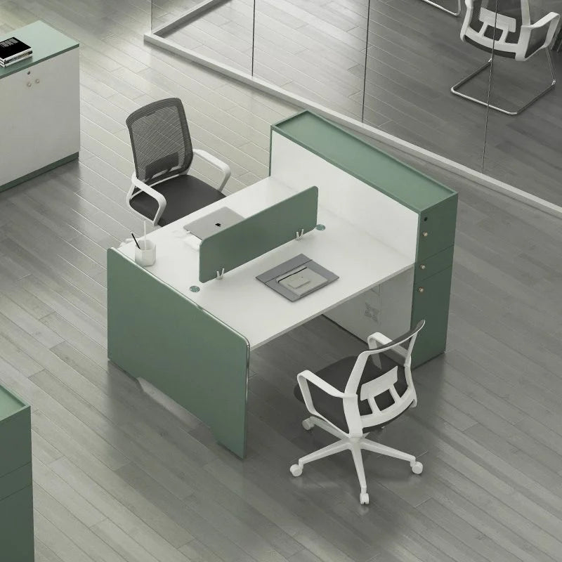 Modern Green & White Collaborative Office Workstations with Privacy Screens, Ergonomic Seating & Integrated Storage Solutions