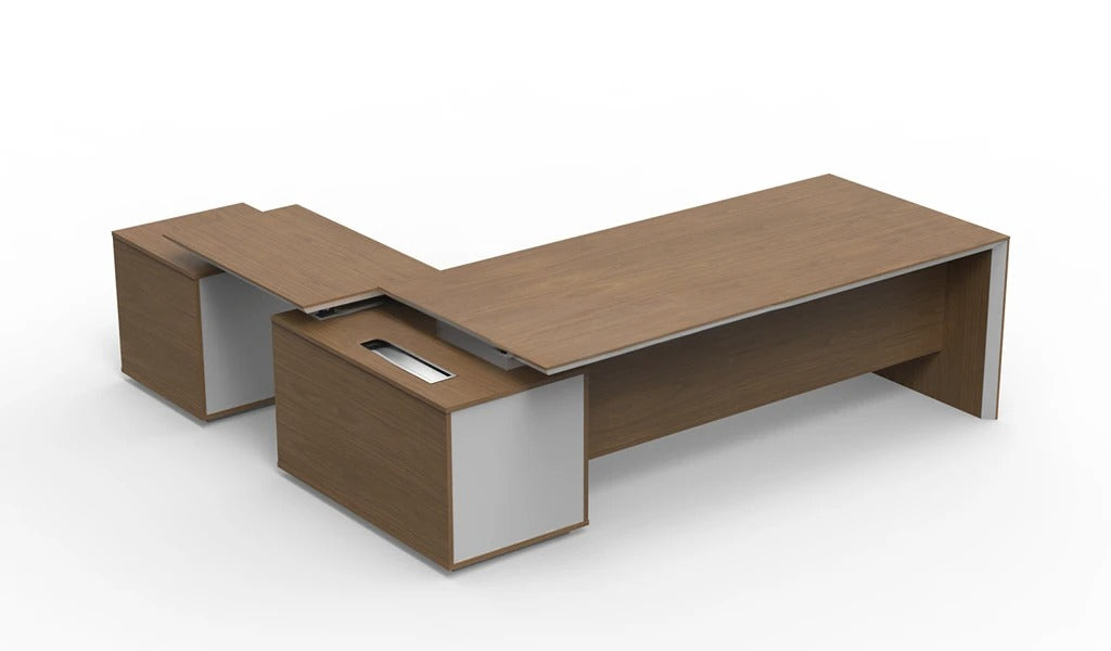 Director L-Shape Office Table Luxury Design Made in Plywood with Premium Hardware Modesty Panel Multi-Functional Wire Box - Walnut Veneer