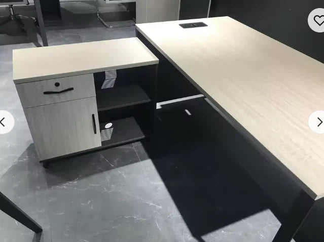 Director & Executive L-Shape Office Table Modern Desk Made in MDF with Side Unit Storage & Drawer & Wire Manager - Bamboo +Iron Gray