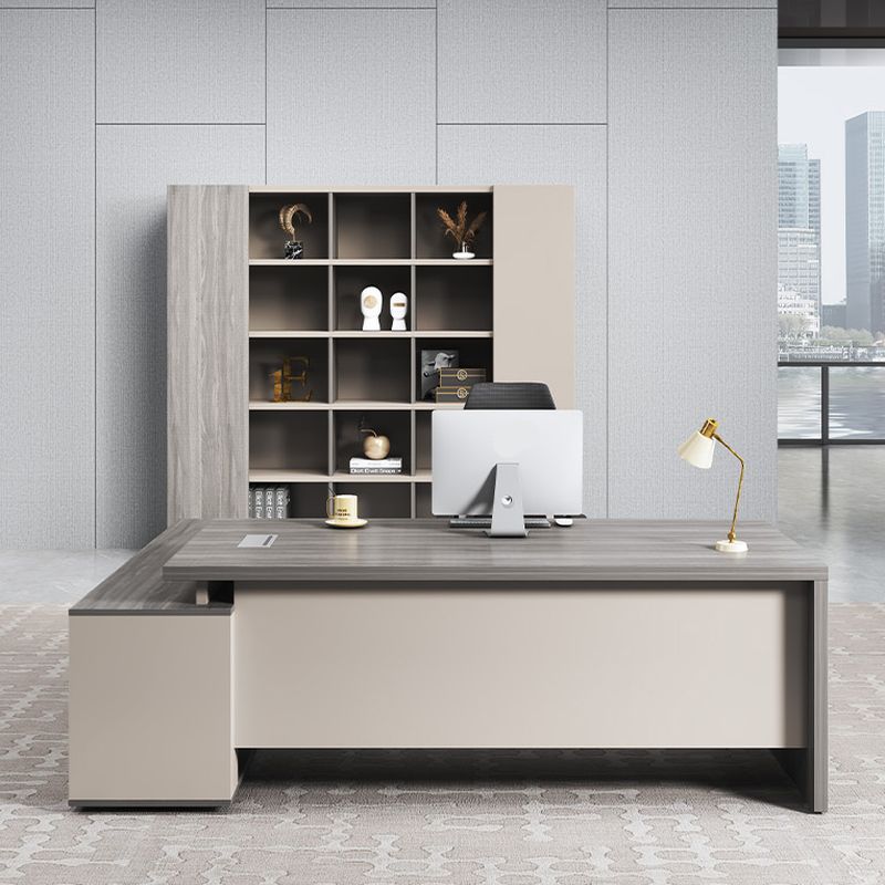 Director L-Shape Office Table Luxury Desk Made in Plywood with Wire Manager Drawers Lockable and Storage for a Modern Workspace - Beige Grey