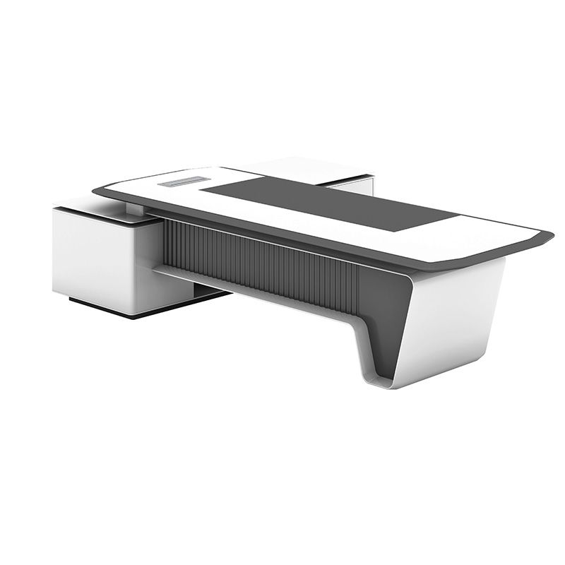 Director L-Shape Office Table Luxury Desk Made in Plywood with Veneer Reversible Orientation, Wire Manager, and CPU Storage - White Grey