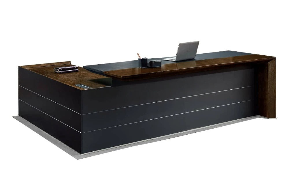 Director L-Shape Office Table Luxurious Executive Desk with Red Oak Finish Wire Management System and Power/Data Sockets