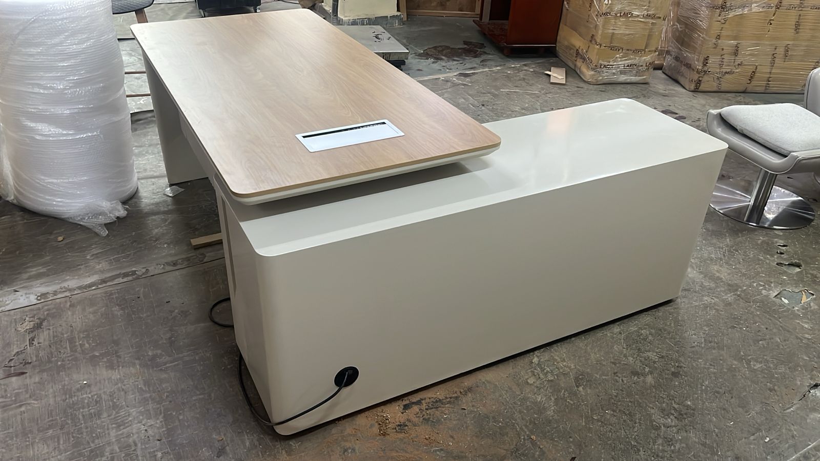 Director L-Shape Office Table Luxury Design and side Unit with Side unit, Wire Management, and  Golden Sandal Wood & Seagull Gray