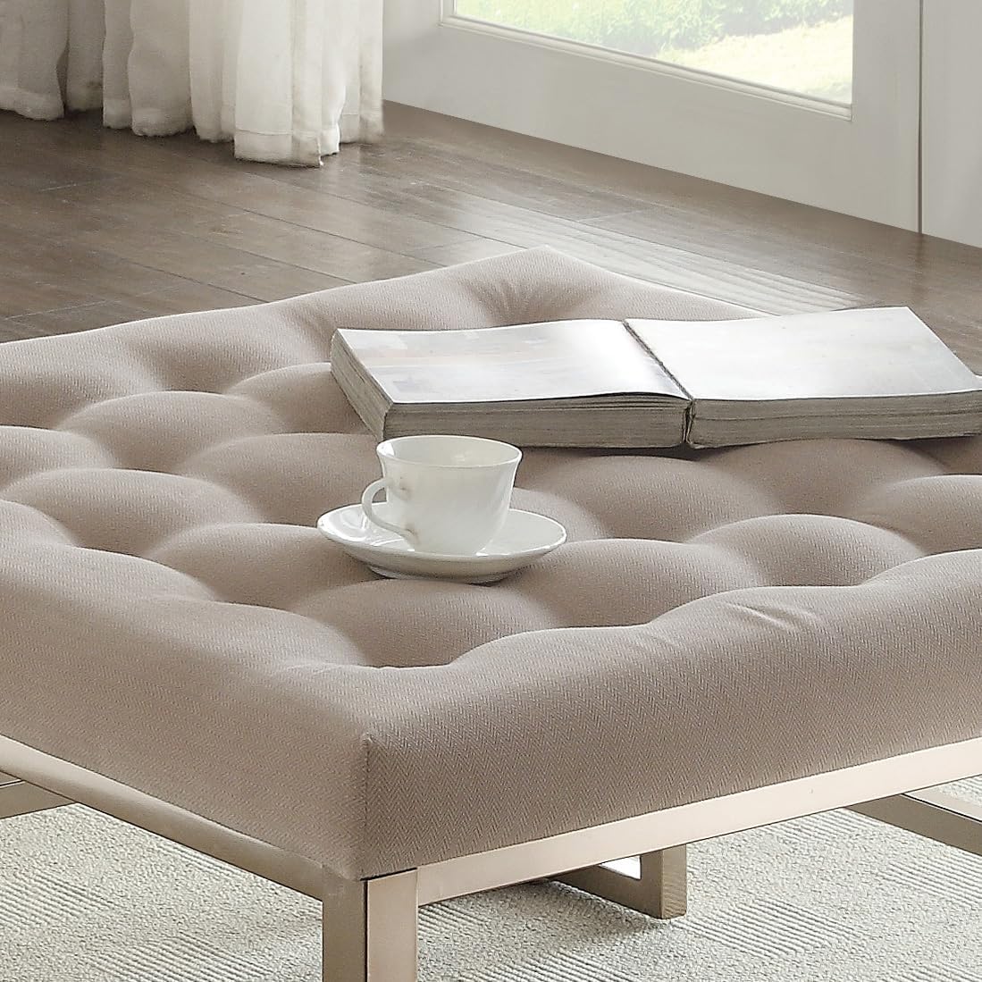 Modern Tufted Square Ottoman Coffee Table with Geometric Gold Metal Base – Elegant Living Room Pouffe