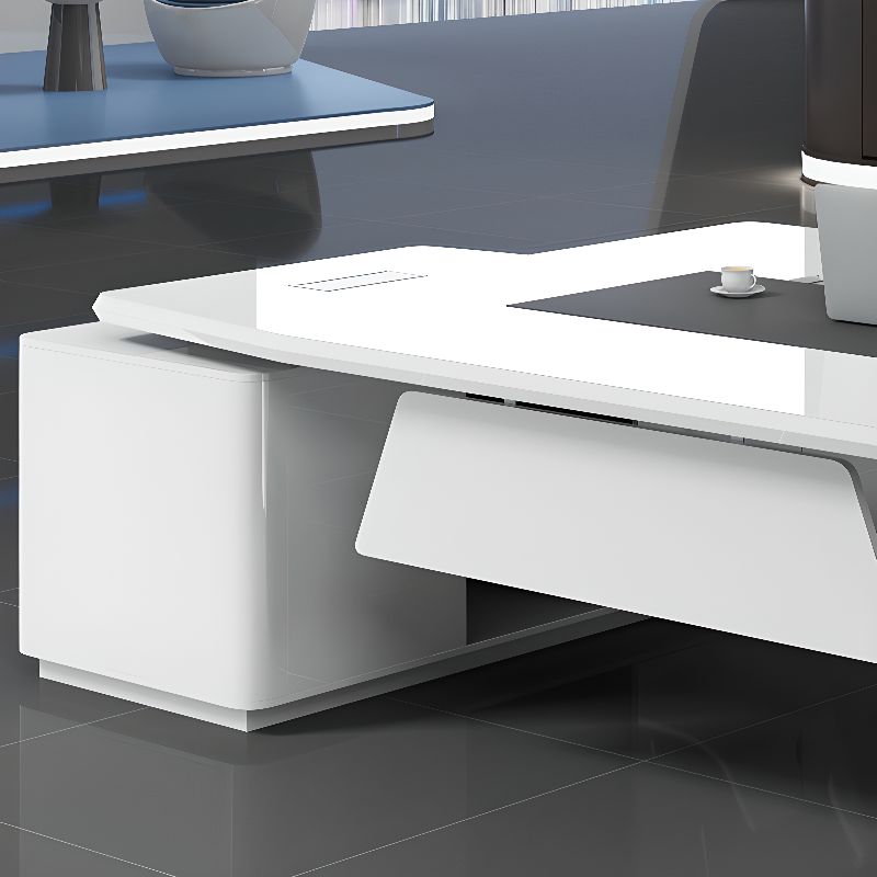 Luxury Director L-Shape Office Table Desk Made in Plywood with Veneer Wire Manager Drawers Lockable and Storage for a Modern Workspace - White