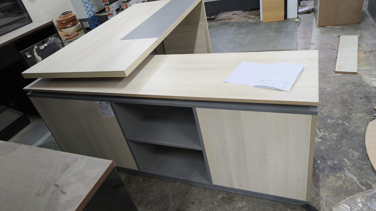 Director L-Shape Table Luxury Modern Office Desk with Made in MDF and Drawers, Shelves, and CPU Storage Space & Charcoal Black