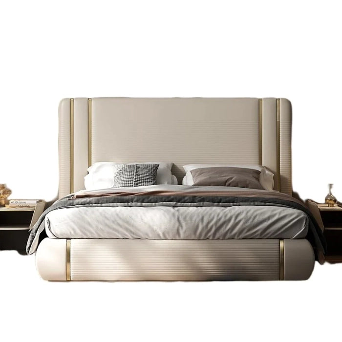 Luxury Off-White King Size Bed – 54″ High Headboard & Plywood Frame, Velvet