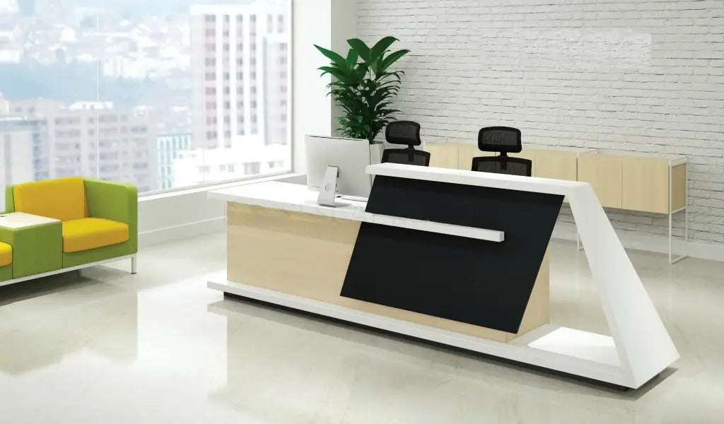 Reception table made in Engineered wood and laminate while the inside is in oak wood finish also includes one inbuilt storage pedestal