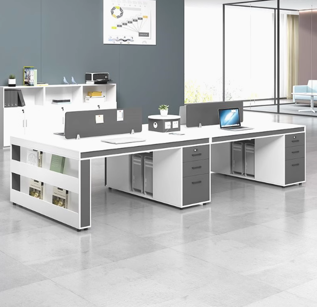 Modern Grey & Wood Collaborative Office Desk Ergonomic 4- Person Workstation with Integrated Storage & Privacy Panels