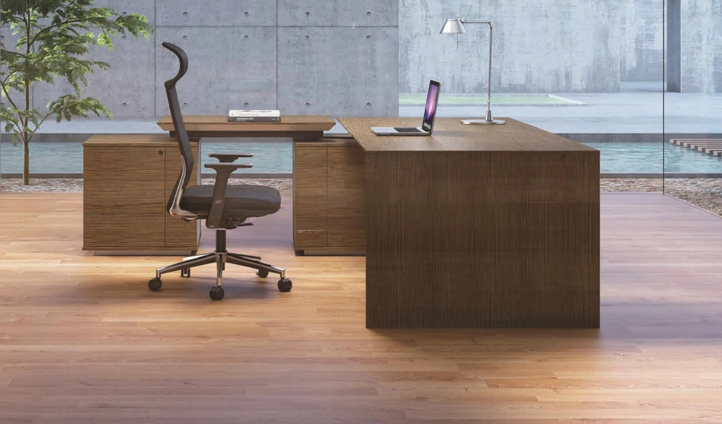 Director L-Shape Office Table Luxury Design Made in Plywood with Premium Hardware Modesty Panel Multi-Functional Wire Box - Walnut Veneer