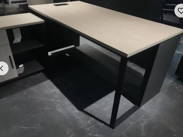Director & Executive L-Shape Office Table Modern Desk Made in MDF with Side Unit Storage & Drawer & Wire Manager - Bamboo +Iron Gray