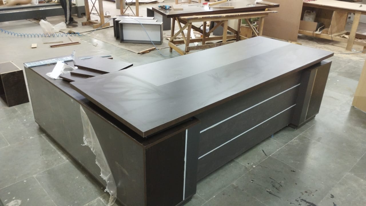 Director L-Shape Office Table Luxury Desk with Locking Drawer, CPU Storage, Desk Return, and Organized Wiring System - Dark Brown