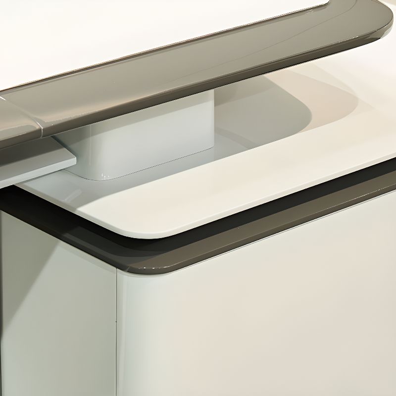 Director L-Shape Office Table Luxury Desk Made in Plywood with Veneer Reversible Orientation, Wire Manager, and CPU Storage - White Grey