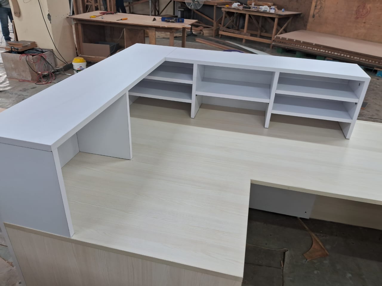 Reception Table for Office Luxury Modern L Shape Counter Stylish Design Made in MDF and Self Box & 2 Person Seating Reception Table - Off White Color