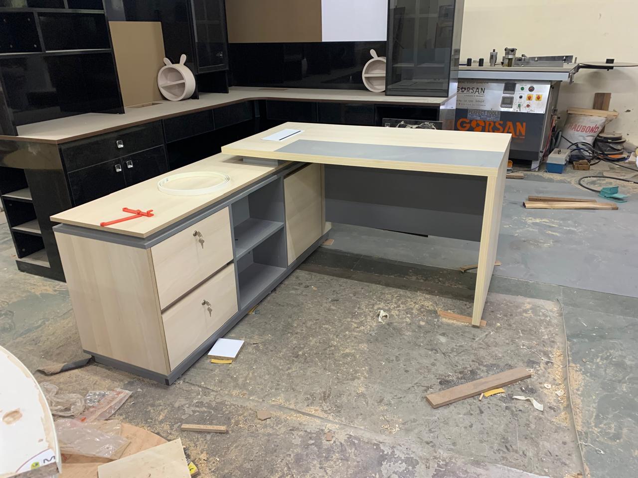 Director L-Shape Table Luxury Modern Office Desk with Made in MDF and Drawers, Shelves, and CPU Storage Space & Charcoal Black