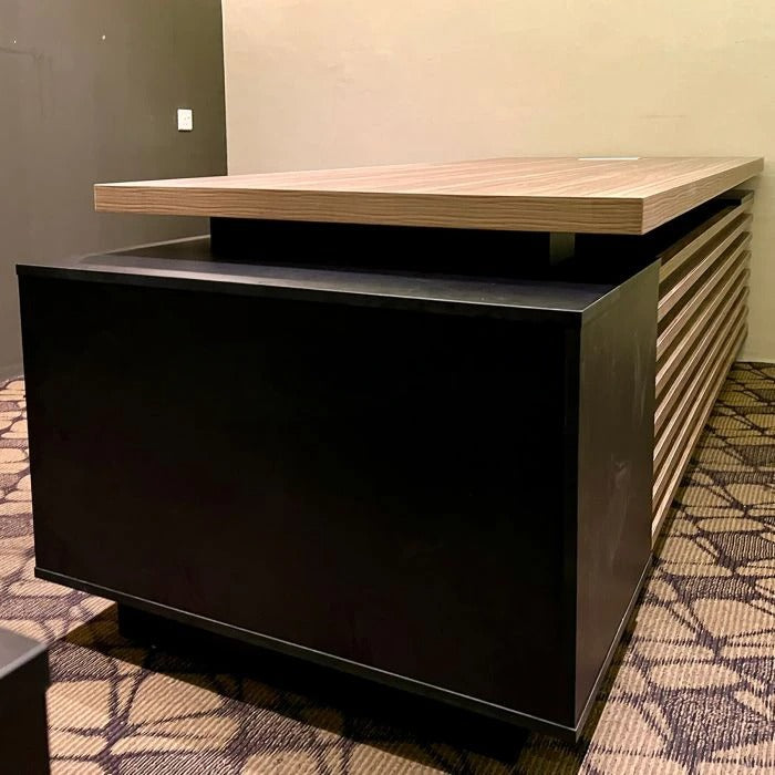 Director and Executive L-Shape Office Table Made in Particle Board with Side Unit Storage & Drawer, Wire Manager & CPU Storage - Brown