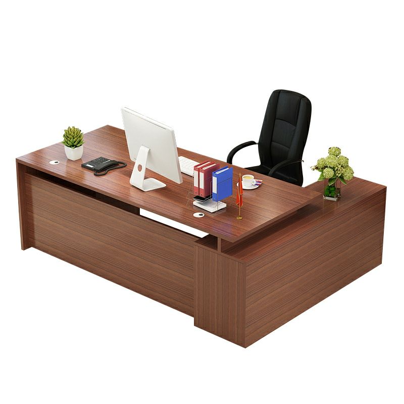 Director & Executive L-Shape Office Table Modern Luxury Desk Made in Particle Board with Side Unit Drawer, Storage, Wire Manager & CPU Storage - Brown