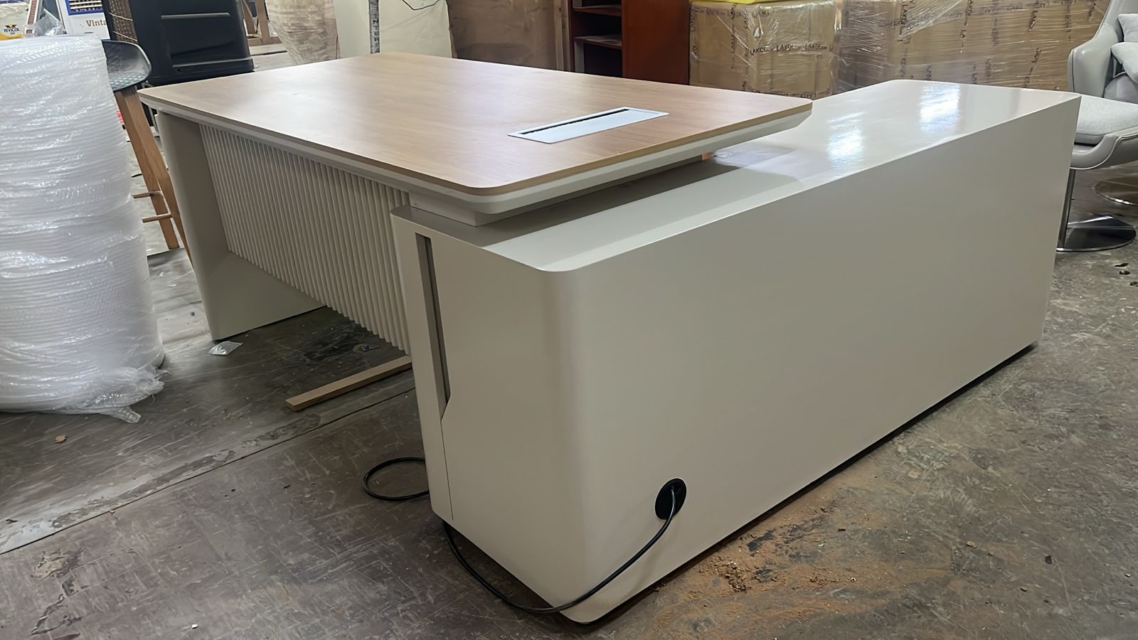 Director L-Shape Office Table Luxury Design and side Unit with Side unit, Wire Management, and  Golden Sandal Wood & Seagull Gray