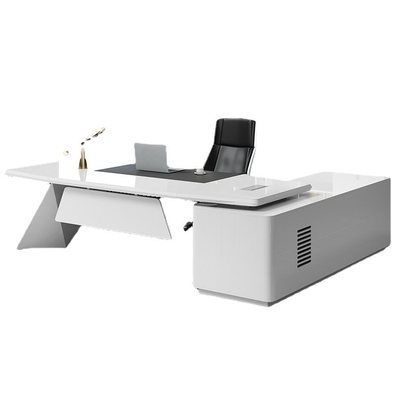 Luxury Director L-Shape Office Table Desk Made in Plywood with Veneer Wire Manager Drawers Lockable and Storage for a Modern Workspace - White
