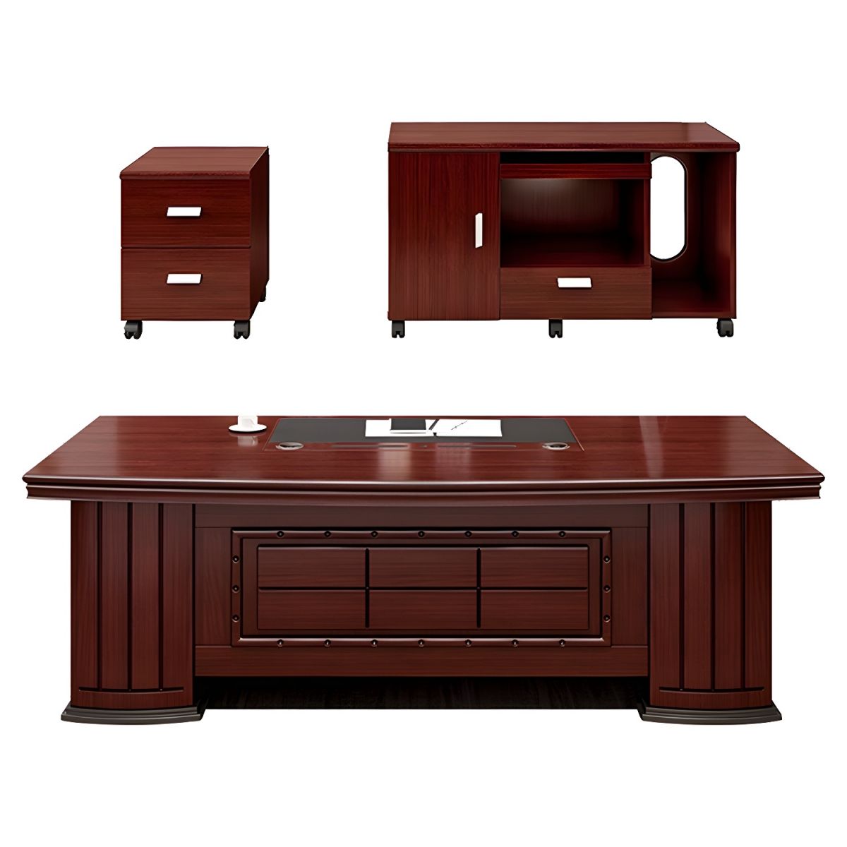 Director & Executive L-Shape Office Table Modern Desk Made in Plywood with Veneer Side Unit Storage & Drawer, CPU Storage & Wire Manager - Red