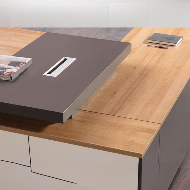 Director & Executive L-Shape Office Table Luxury Desk Made in Particle Board with Side Unit Drawer, Storage, Wire Manager & CPU Storage - Brown