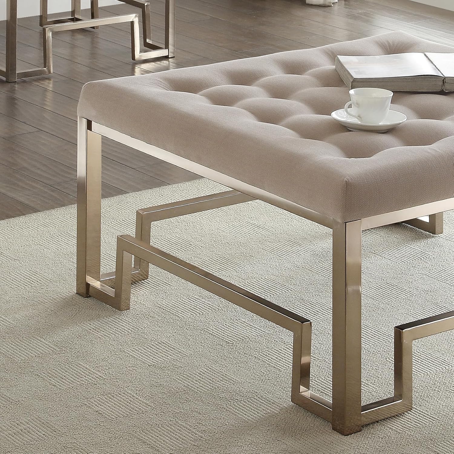 Modern Tufted Square Ottoman Coffee Table with Geometric Gold Metal Base – Elegant Living Room Pouffe