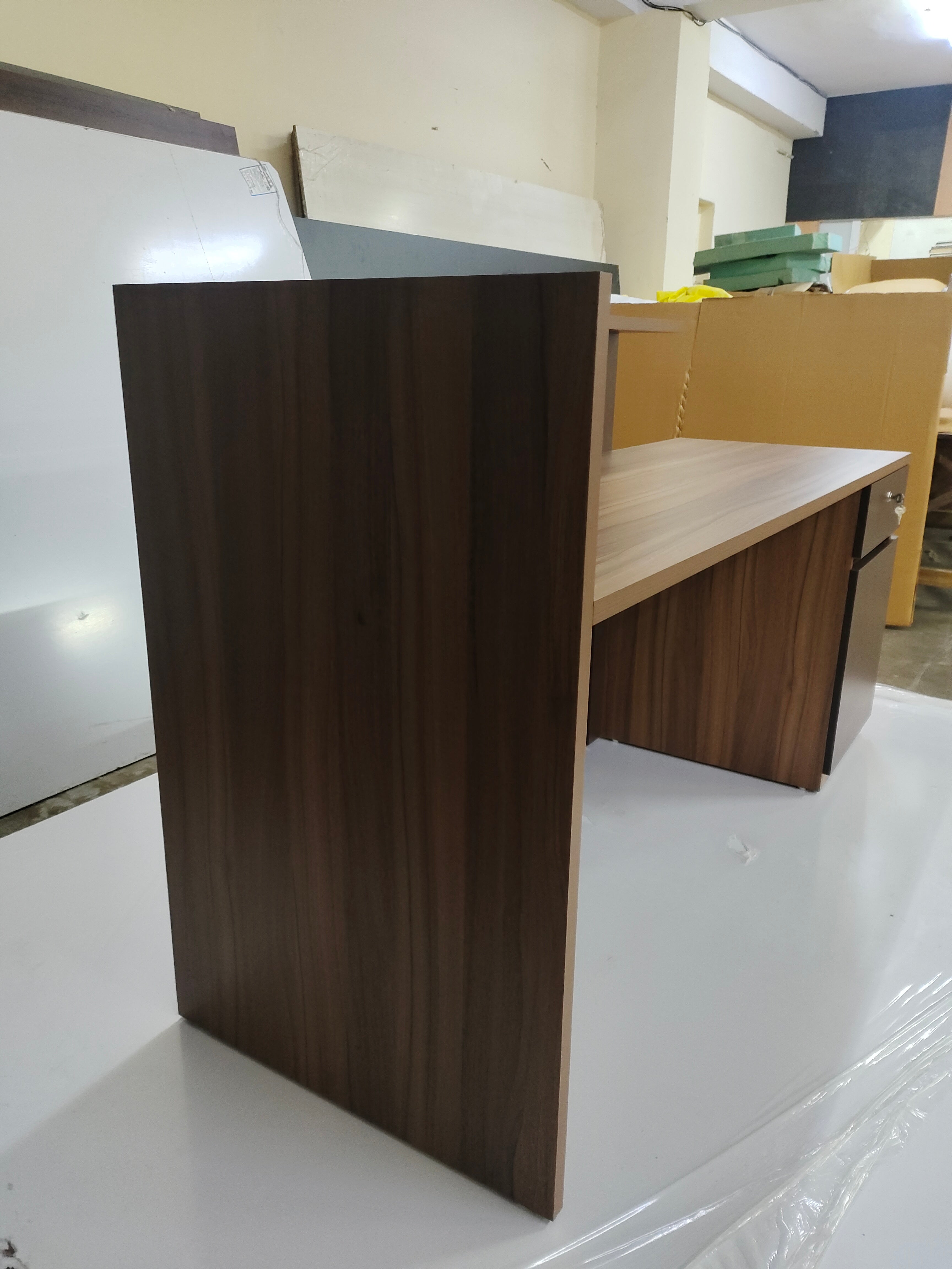 Reception Table Made In Engineered Wood with Matte Grey & King Walnut Laminate and Inlaid Brass Strip Detailing, Built In Storage