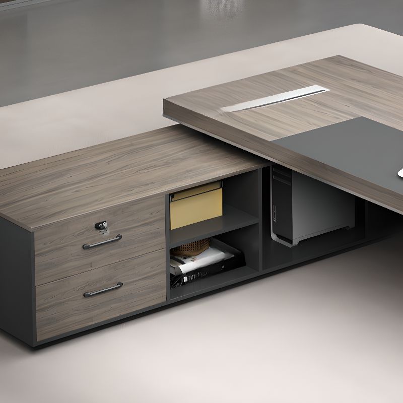 Director L-Shape Office Table Luxury Desk with Locking Drawer, CPU Storage, Desk Return, and Organized Wiring System - Dark Brown