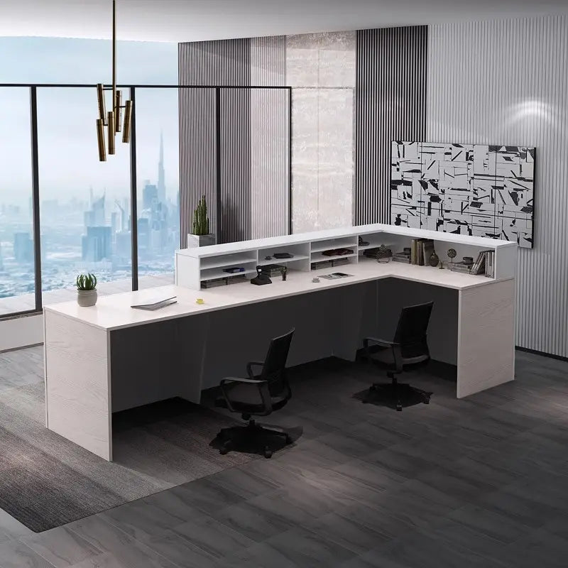 Reception Table for Office Luxury Modern L Shape Counter Stylish Design Made in MDF and Self Box & 2 Person Seating Reception Table - Off White Color