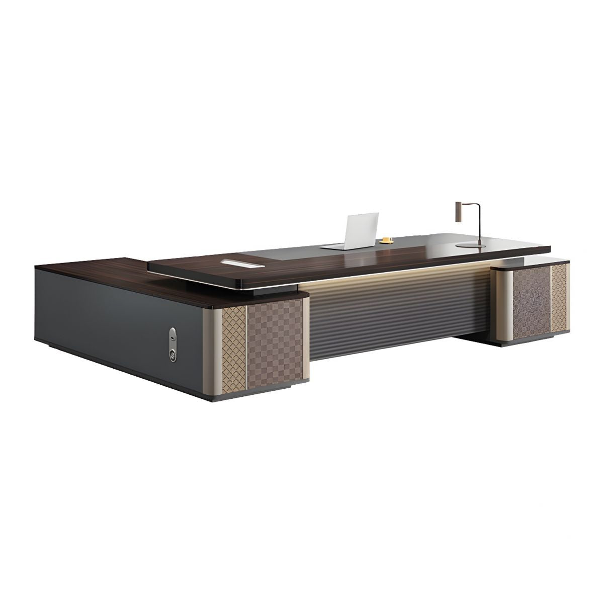 Director & Executive L-Shape Office Table Modern Desk Made in Plywood with Veneer Side Unit Drawer and Storage Wire Manager - Brown