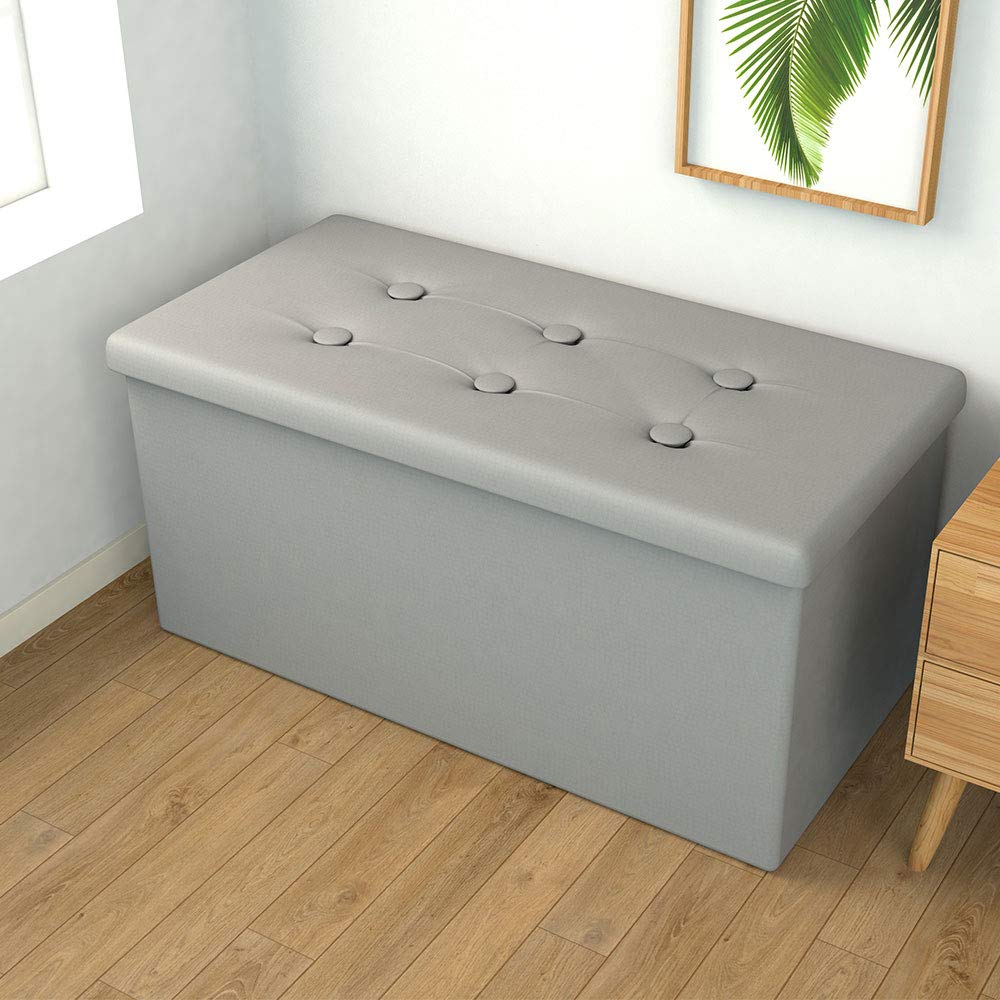 Ottoman Bench – Grey Leather Storage Padded Seat, Quick Assemble, Space-Saving Footrest and Seat for Bedroom