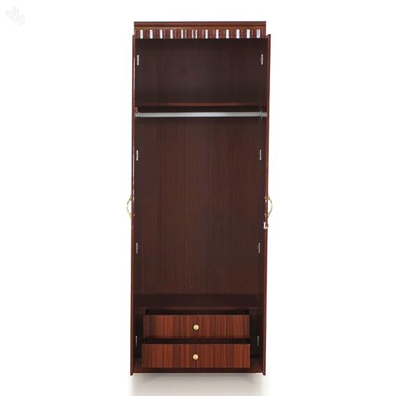 2-Door Honey Brown Wardrobe with Hanging Space, Drawers & Shelf – Compact Yet Spacious Design