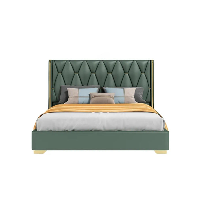 Modern Green Velvet Upholstered Bed with Gold-Tone Frame – Wooden Frame