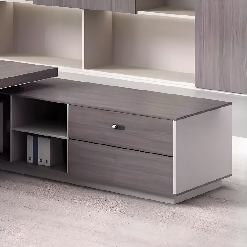 Director L-Shape Office Table Luxury Desk Made in Plywood with Locking Drawer, Reversible Orientation, Wire Manager, and CPU Storage - Grey