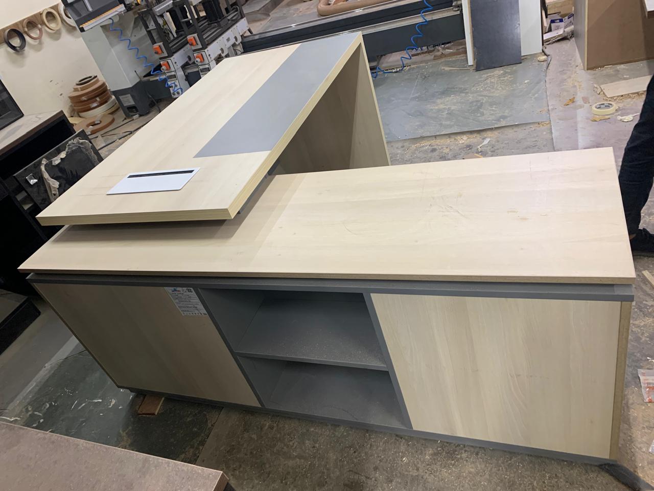 Director L-Shape Table Luxury Modern Office Desk with Made in MDF and Drawers, Shelves, and CPU Storage Space & Charcoal Black