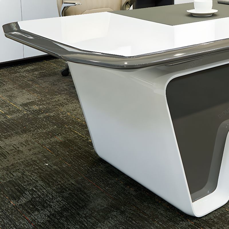 Director L-Shape Office Table Luxury Desk Made in Plywood with Veneer Reversible Orientation, Wire Manager, and CPU Storage - White Grey