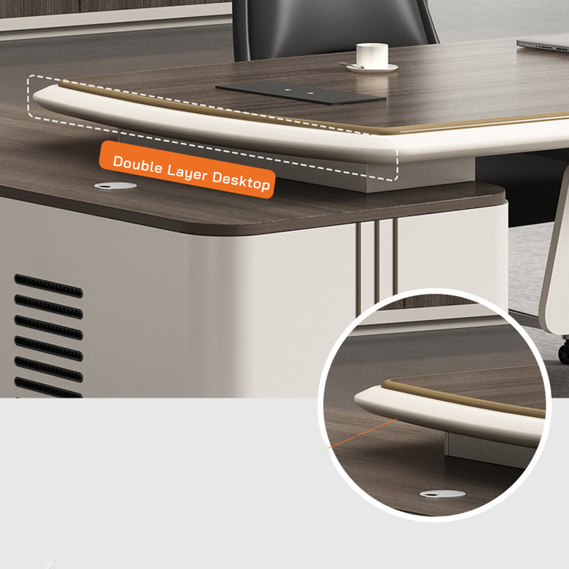 Director L-Shape Office Table Luxury Desk with Multi-Function Ports, Hettich & Blum Hardware Drawers and Ample Storage - Beige and Dark Brown