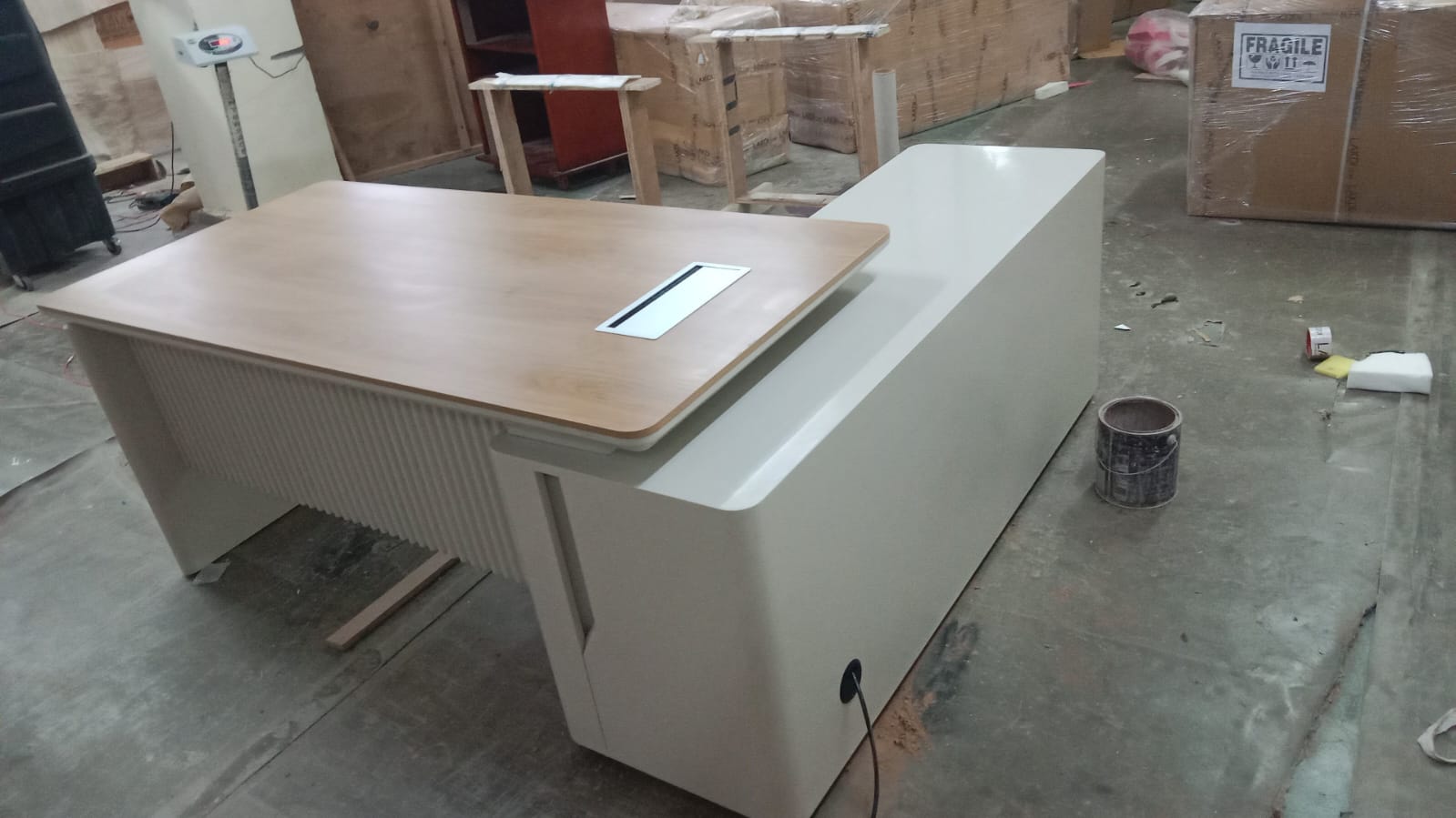 Director L-Shape Office Table Luxury Design and side Unit with Side unit, Wire Management, and  Golden Sandal Wood & Seagull Gray