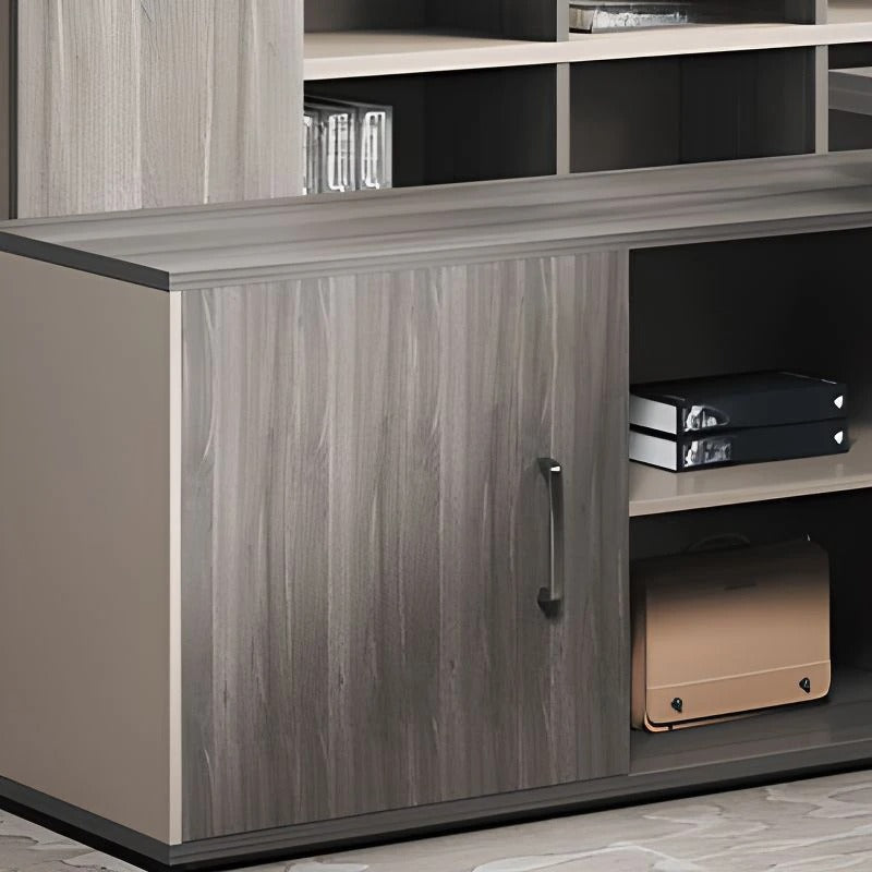 Director L-Shape Office Table Luxury Desk Made in Plywood with Wire Manager Drawers Lockable and Storage for a Modern Workspace - Beige Grey