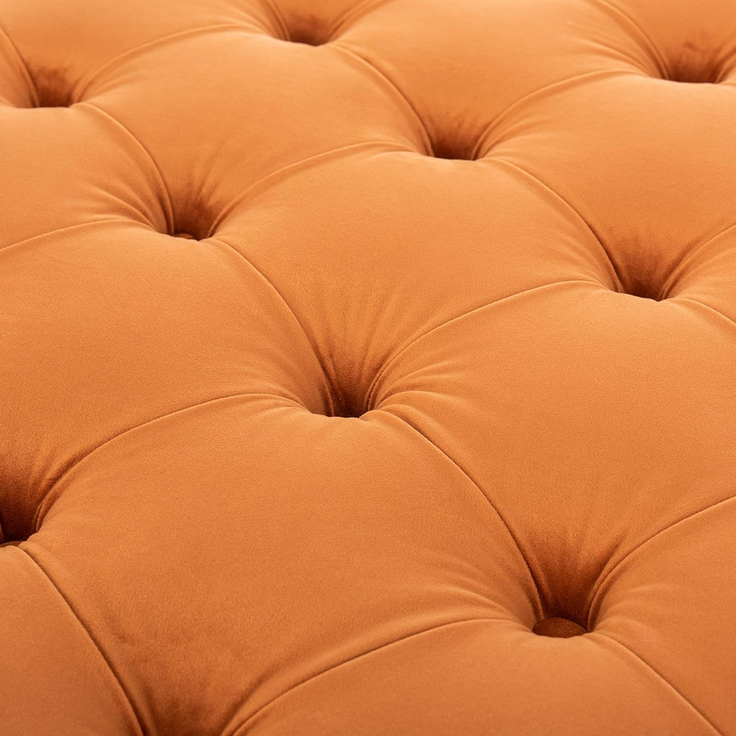 Luxurious Orange Velvet Tufted Storage Ottoman - Elegant Home Furniture Footstool with Solid Wood Legs