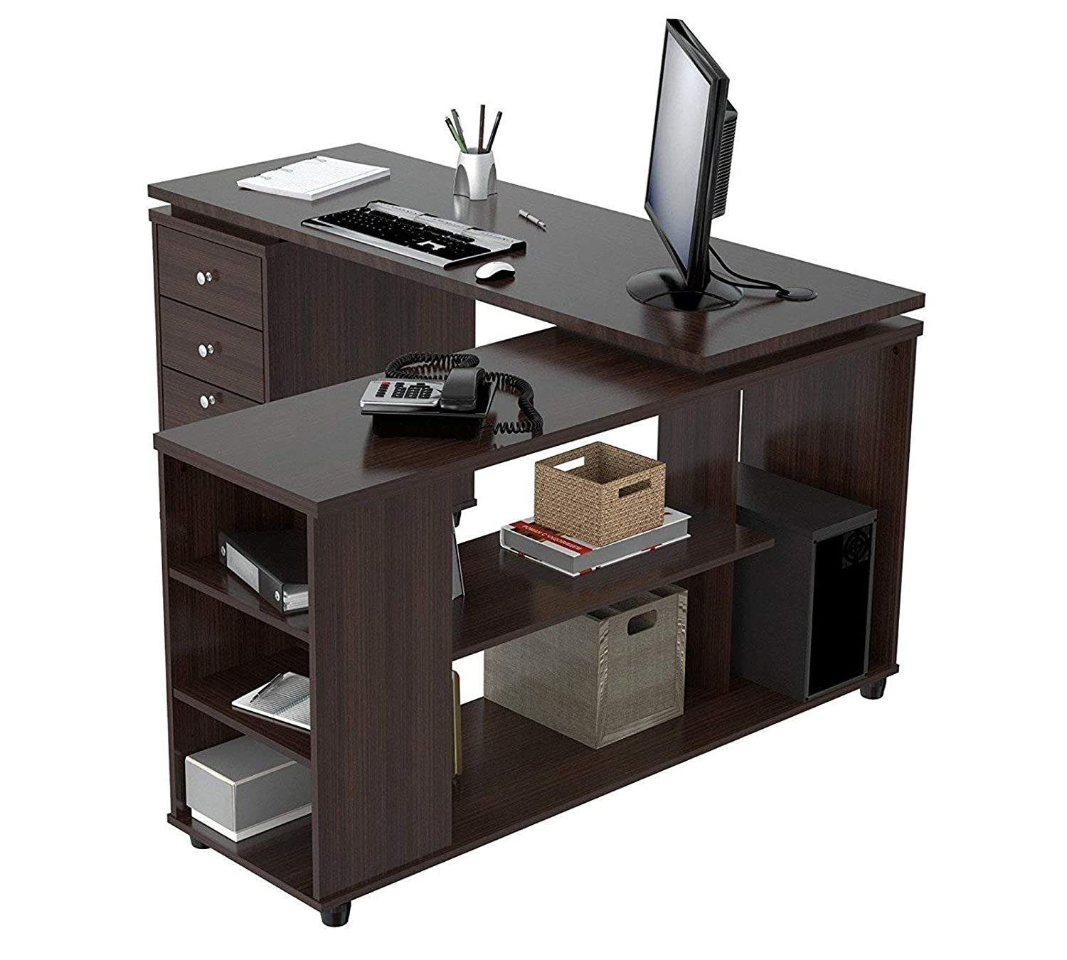 Computer Study Table with Side Shelves & Drawers in Wooden L-shaped