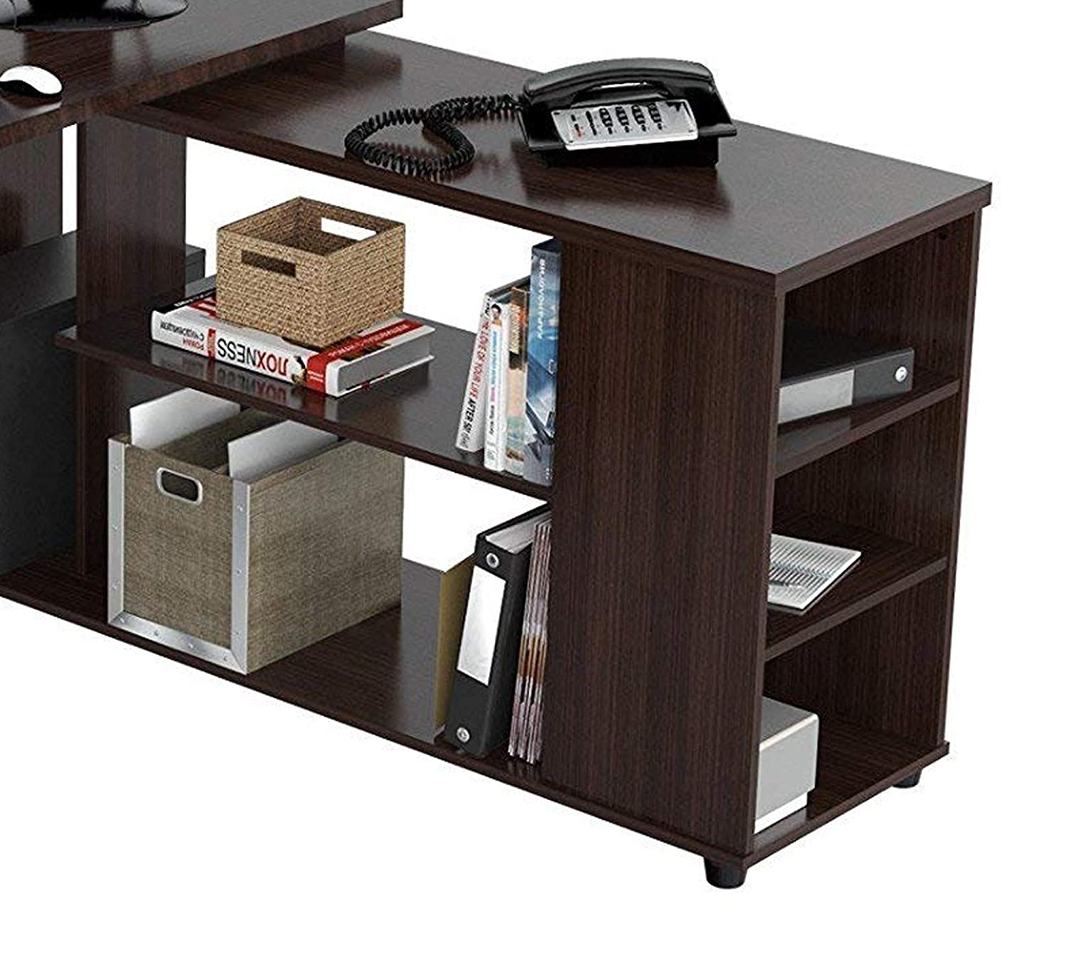 Computer Study Table with Side Shelves & Drawers in Wooden L-shaped