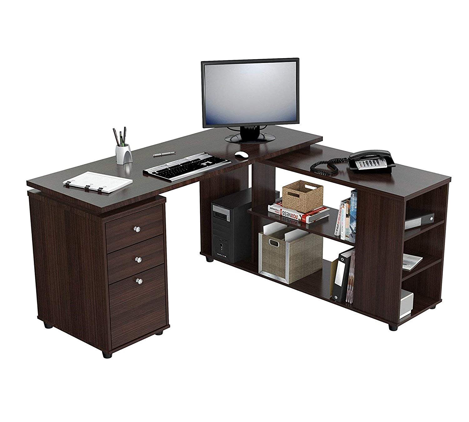 Computer Study Table with Side Shelves & Drawers in Wooden L-shaped