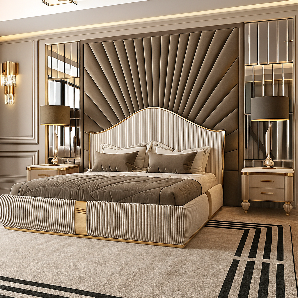King Size Bed high-headboard with gold frame styling for modern interiors and villas, with optional storage