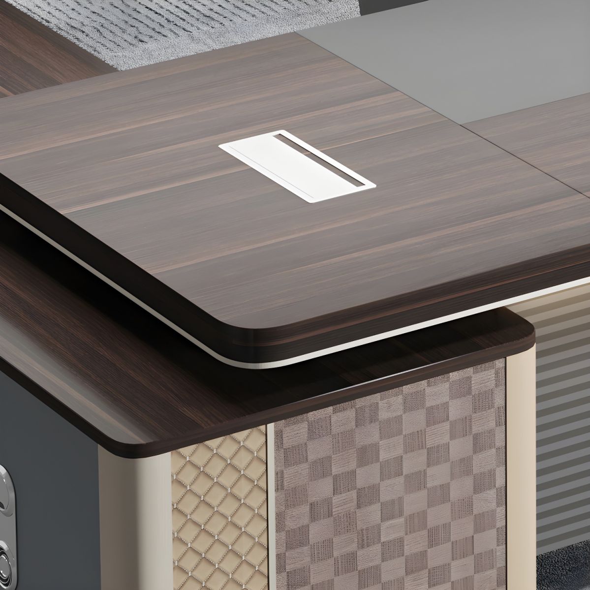 Director & Executive L-Shape Office Table Modern Desk Made in Plywood with Veneer Side Unit Drawer and Storage Wire Manager - Brown