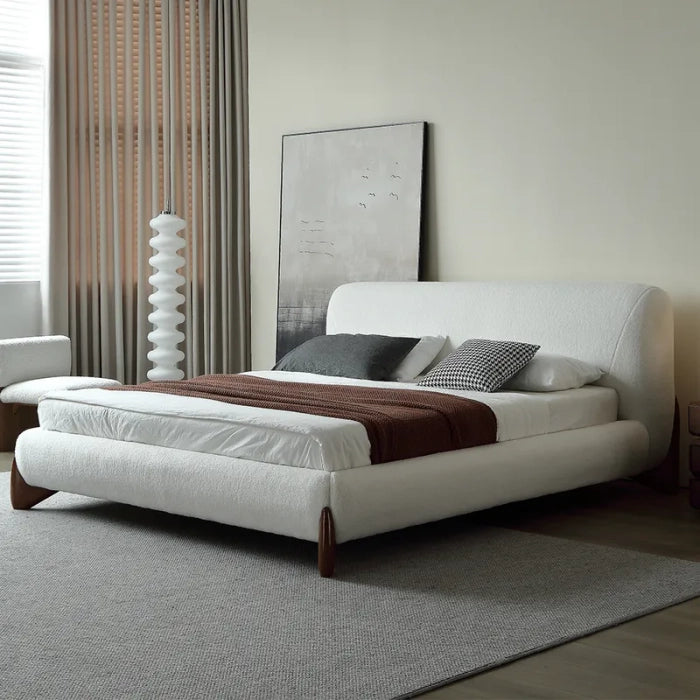 Modern White Boucle Bed – Upholstered, Plywood Frame, 36″ Headboard Height, Easy-Assembly,(Queen/King)