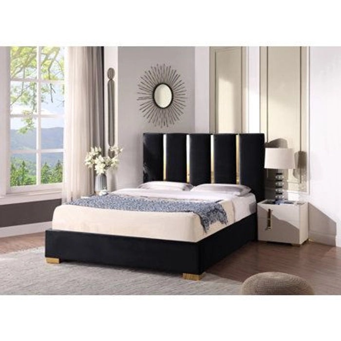 Luxury Black & Gold King Size Bed – Upholstered High Headboard, Sleek Metal Legs