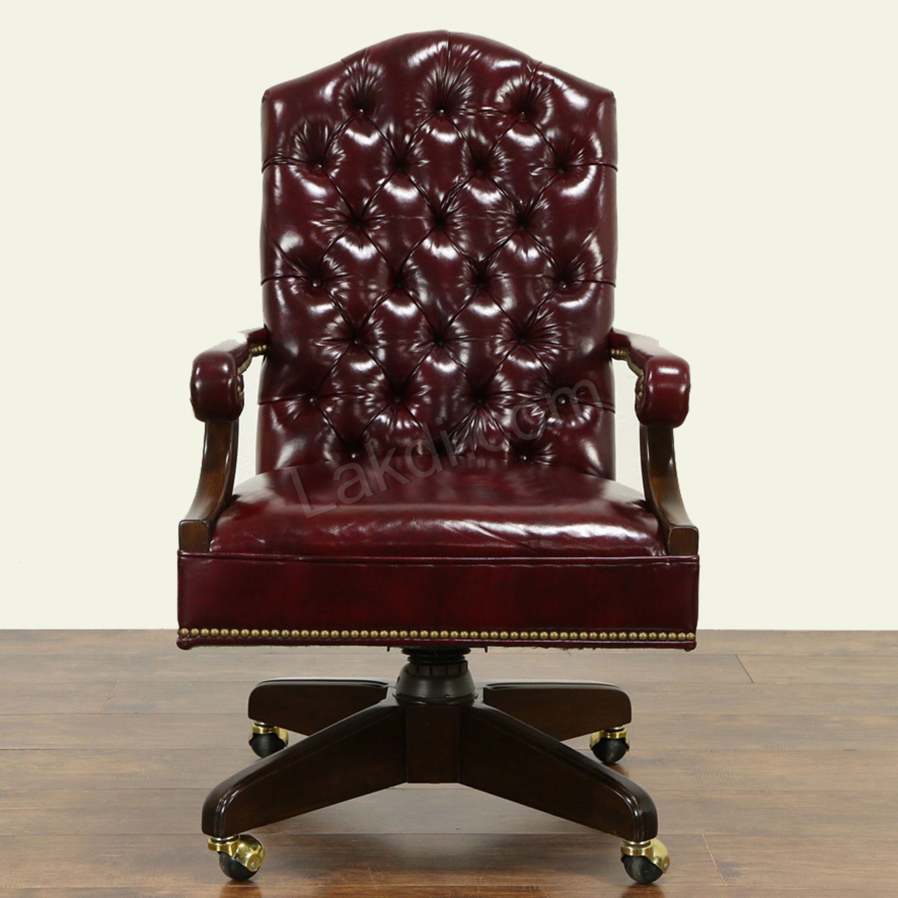 Luxury Office Director Chair Tufted Design Made in Solid wood with Leatherette and Soft Padded - Armrest and Swivel Base and Polish- Dark-Red Cherry